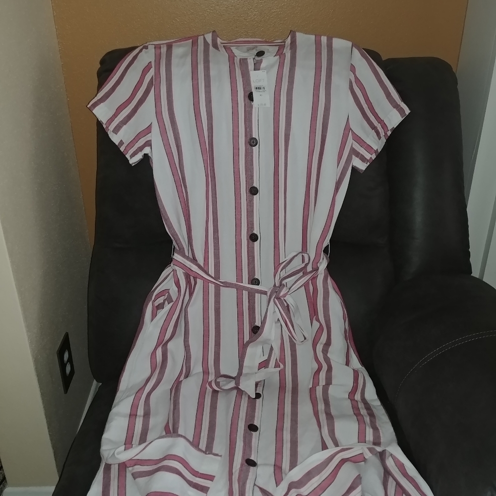 LOFT Striped Midi Pocket Shirtdress